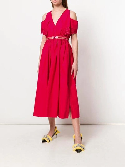Shop Fendi Cold-shoulder Flared Dress In Red