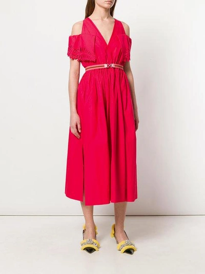 Shop Fendi Cold-shoulder Flared Dress In Red