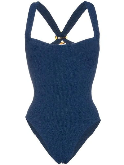 Shop Hunza G Zora Embellished Seersucker Swimsuit - Blue