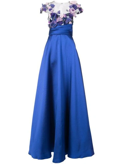 Shop Marchesa Notte Floral Appliqué Gown In Blue