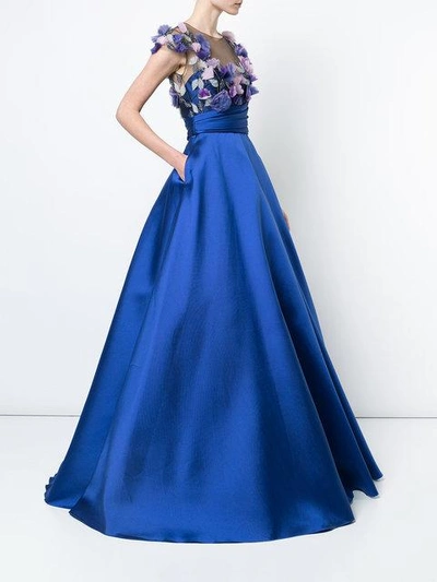 Shop Marchesa Notte Floral Appliqué Gown In Blue