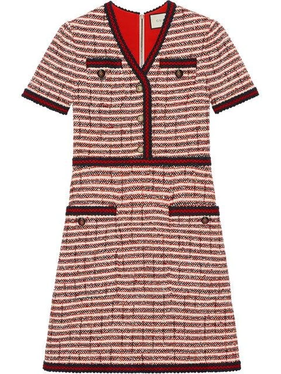 Shop Gucci Striped Tweed V-neck Dress In 9381 Beige
