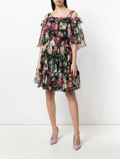 Shop Dolce & Gabbana Rose Print Ruffled Dress In Black