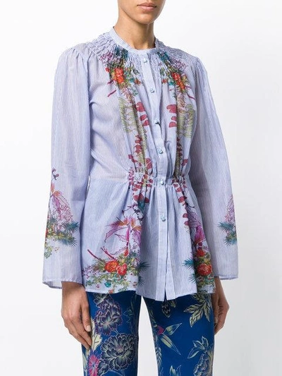 Shop Etro Floral Print Gathered Shirt In Blue