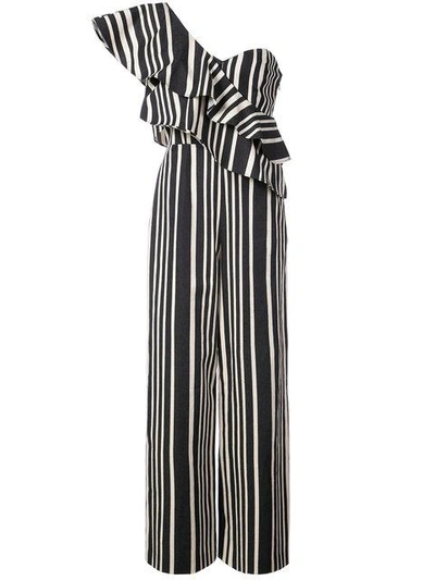 Shop Alice And Olivia Striped One Shoulder Jumpsuit In Blk/wht