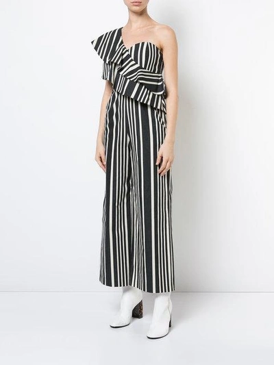 Shop Alice And Olivia Striped One Shoulder Jumpsuit In Blk/wht