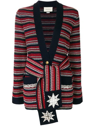 Shop Gucci Stripe Bouclé Belted Jacket In Blue