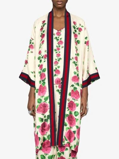 Shop Gucci Rose Garden Print Silk Kimono In Pink