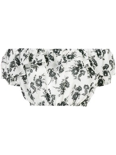 Shop Miu Miu Floral Ruffled Off The Shoulder Crop Top In White