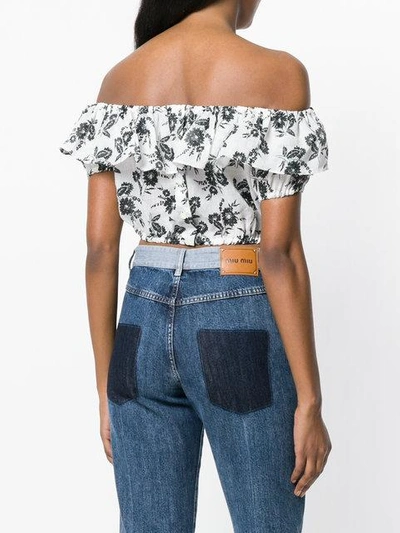 Shop Miu Miu Floral Ruffled Off The Shoulder Crop Top In White