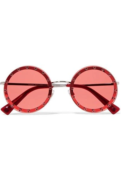 Shop Valentino Crystal-embellished Round-frame Acetate Sunglasses In Red
