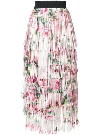 Shop Dolce & Gabbana Tiered Fringed Rose Print Midi Skirt In Neutrals