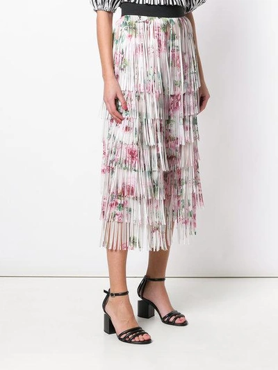 Shop Dolce & Gabbana Tiered Fringed Rose Print Midi Skirt In Neutrals