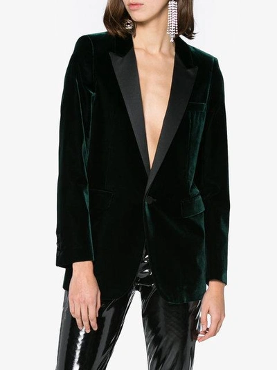Shop Saint Laurent Velvet Blazer With Satin Trims In Green