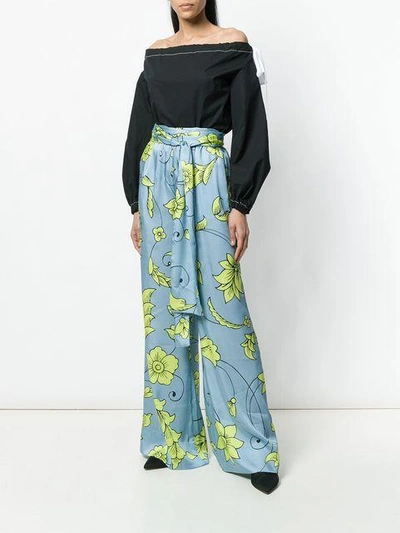 Shop Miahatami Floral Tie Waist Palazzo Trousers In Blue
