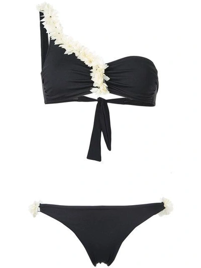 Shop La Reveche Asymmetric Floral Bikini In Black