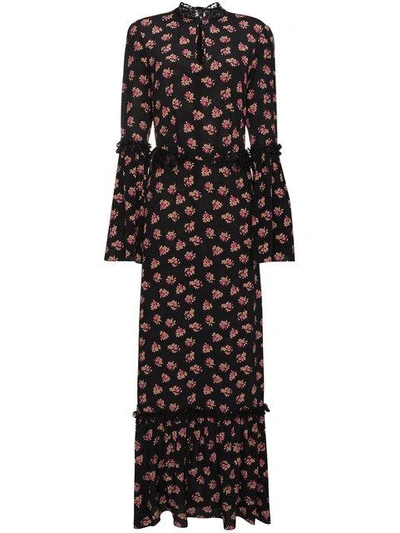 Shop De La Vali Silk Maxi Floral Dress With Bell Sleeves - Black