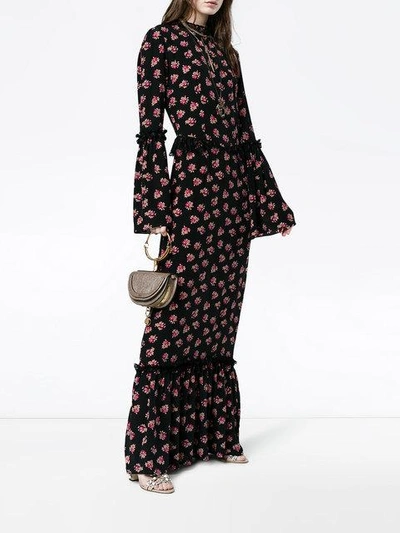 Shop De La Vali Silk Maxi Floral Dress With Bell Sleeves - Black