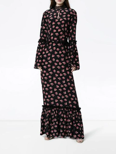 Shop De La Vali Silk Maxi Floral Dress With Bell Sleeves - Black