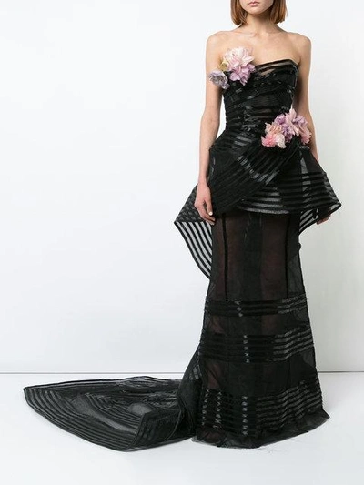 Shop Marchesa Floral-embellished Strapless Gown In Black