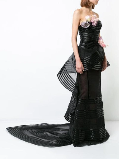 Shop Marchesa Floral-embellished Strapless Gown In Black