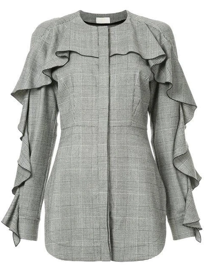 Shop Sara Battaglia Tweed Ruffle Shirt In Grey