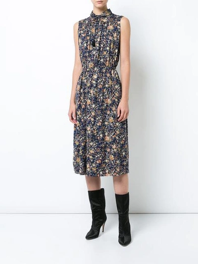 Shop Adam Lippes Printed Floral Silk Sleeveless Dress In Navy