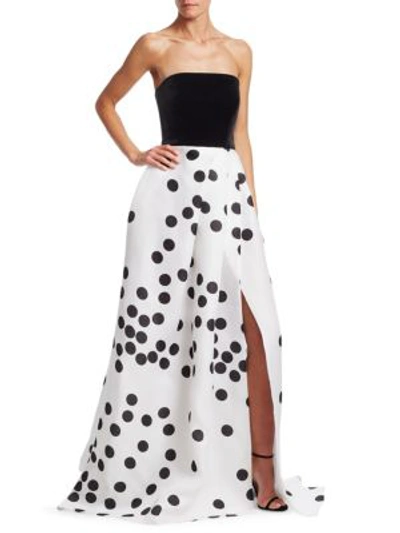 Shop Monique Lhuillier Strapless Velvet Polka Dot Gown In Silk White Noir