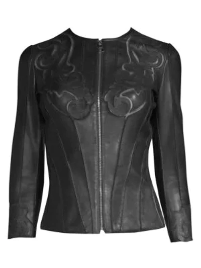 Shop Versace Fitted Laser-cut Leather Jacket In Black