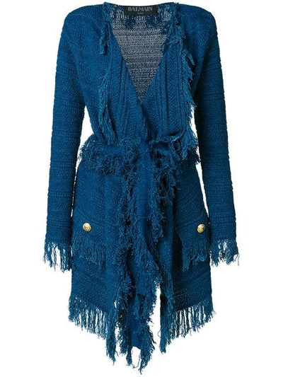 Shop Balmain Fringed Cardi-coat - Blue