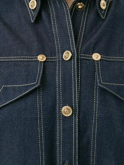 Shop Versace Embellished Button Denim Shirt In Blue