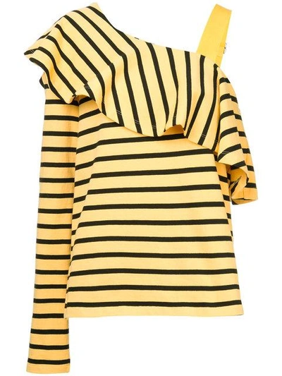 Shop Goen J Ruffled One-shoulder Stripe Top In Yellow & Orange