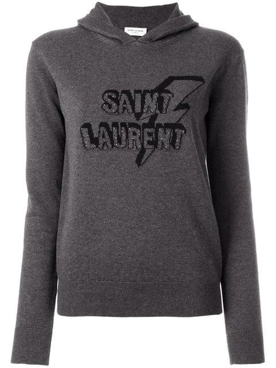 Shop Saint Laurent Branded Knit Hoodie - Grey