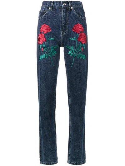 Shop Adam Selman Rodeo Rose Embroidered Jeans In Blue