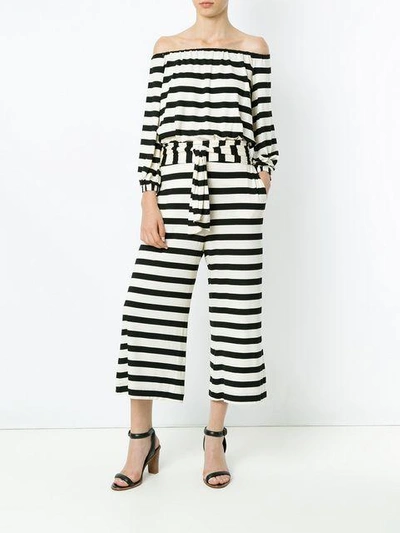 Shop Andrea Marques Off The Shoulder Striped Jumpsuit In Listra Off White C Preto