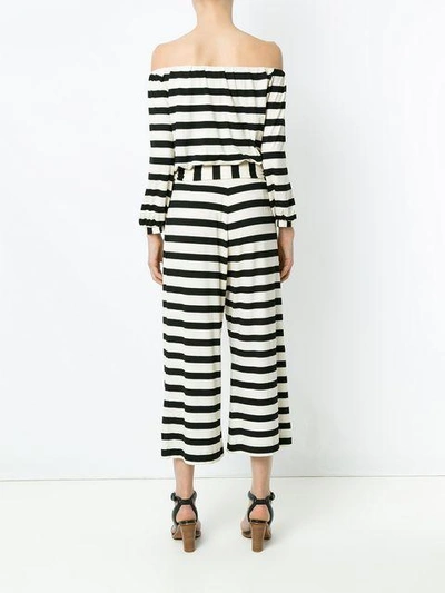 Shop Andrea Marques Off The Shoulder Striped Jumpsuit In Listra Off White C Preto