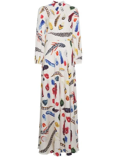 Shop Navro White Silk Maxi Dress With Feather Print