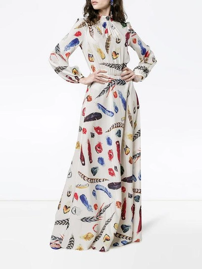 Shop Navro White Silk Maxi Dress With Feather Print