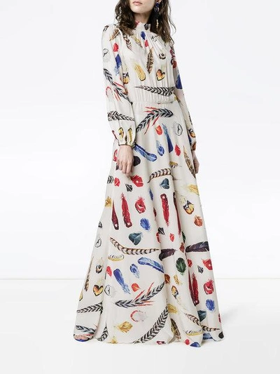 Shop Navro White Silk Maxi Dress With Feather Print