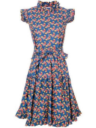 Shop La Doublej Flared Chicken Print Dress In Blue