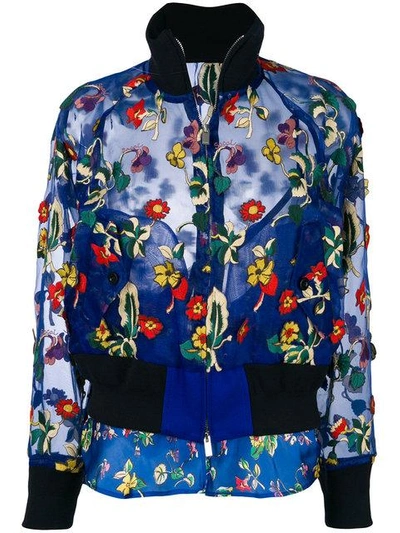 Shop Sacai Floral Embroidered Sheer Bomber Jacket