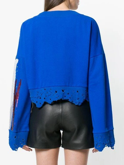 Shop Amen Distressed Beaded Cropped Sweatshirt In Blue