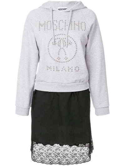 Shop Moschino Logo Studded Hoodie Dress In Grey