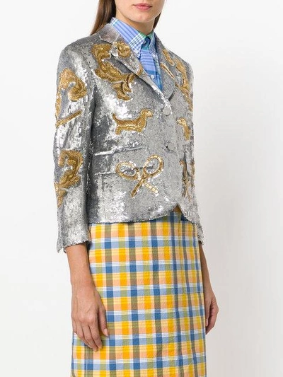 Shop Thom Browne Classic Single Breasted Sport Coat In Organza With Multi Icon Filigree Embroidery - Meta In Metallic