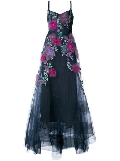 Shop Marchesa Notte Embellished Floral Gown In Blue