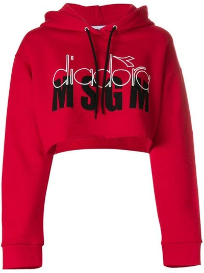 Shop Msgm X Diadora Cropped Logo Hoodie - Red
