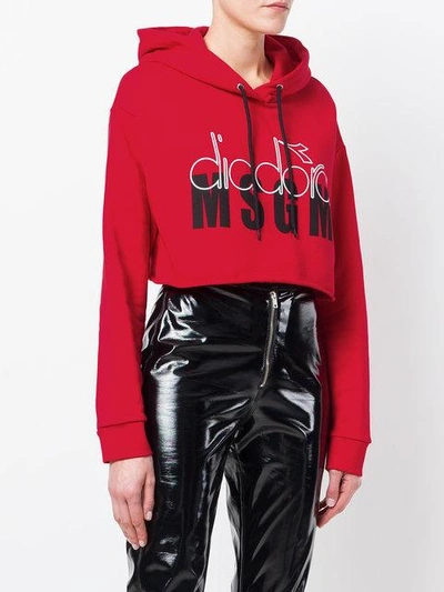 Shop Msgm X Diadora Cropped Logo Hoodie - Red