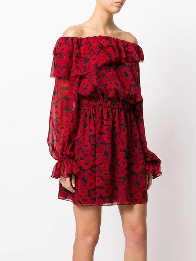 Saint Laurent One-shoulder Floral-print Silk-georgette Mini Dress In Red
