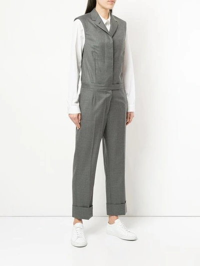 Shop Thom Browne Sleeveleshort Sleeve Notch Collar Jumpsuit In Super 120's Twill In Grey