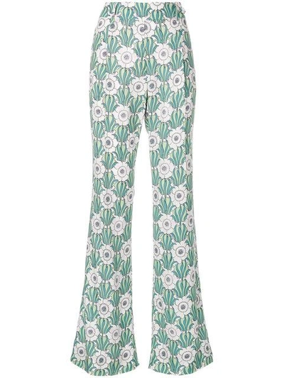 Shop Prada Floral Print Flared Trousers In Green